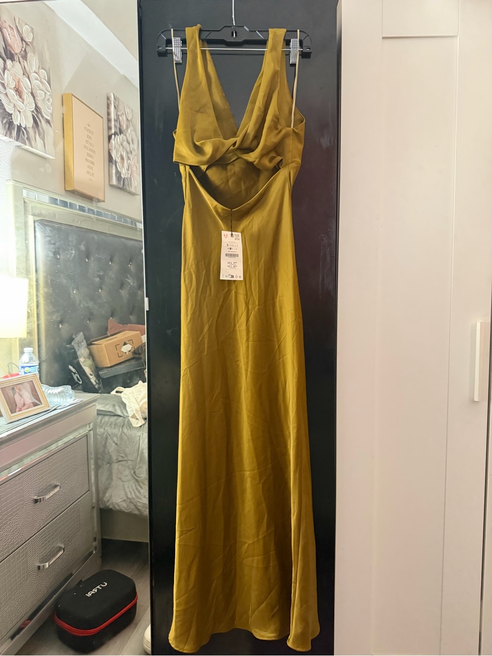 Zara Olive Satin V-Neck Maxi Dress - Picture 9 of 10